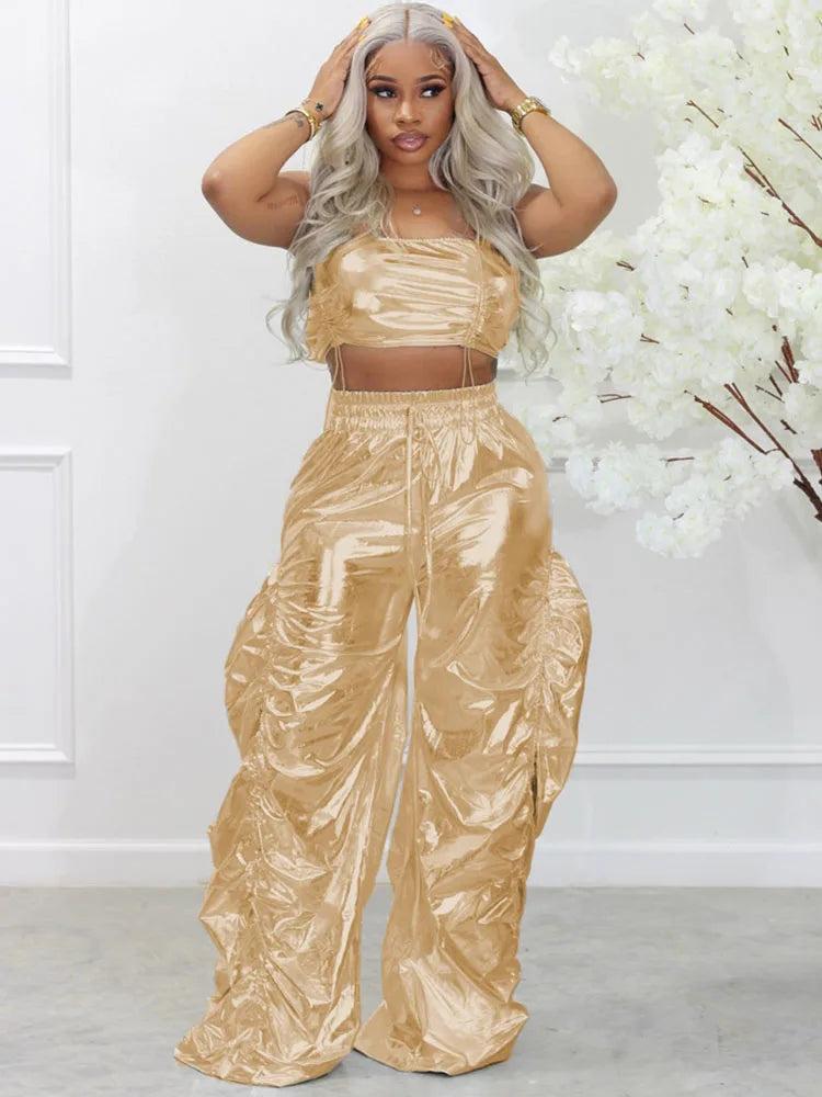 Gold Sliver Metallic Two Piece Sets Crop Top and Pants Streetwear Hip Hop Rave Festival Outfit
