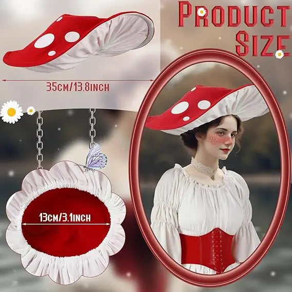 Victorian Mushroom Fairy Costume Hat Cinch Belt Dress Cosplay Halloween Adult Book Week Costume