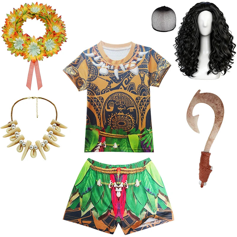 Maui Kids Cosplay 2Pcs Print Moana Boys Swimsuits Top and Shorts Children's Swimwear Book Week Costumes