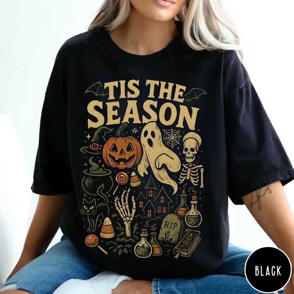 'Tis The Season Skeleton Pumpkin Ghost Halloween T-Shirt Vintage Halloween Cotton Tee