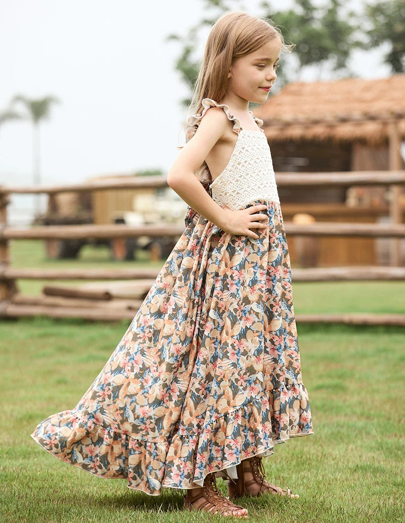 Girls Floral Bow Ruffle Edge Photoshoot Worthy Maxi Dress for 4-12 Years