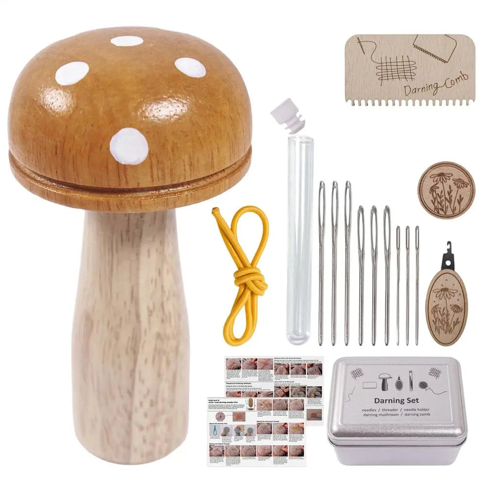 Wooden Mushroom Darning Kit Loom Complete Craft Supplies Sock Repair Kit Mending Tool For Embroidery DIY Crafts Clothes Fabric
