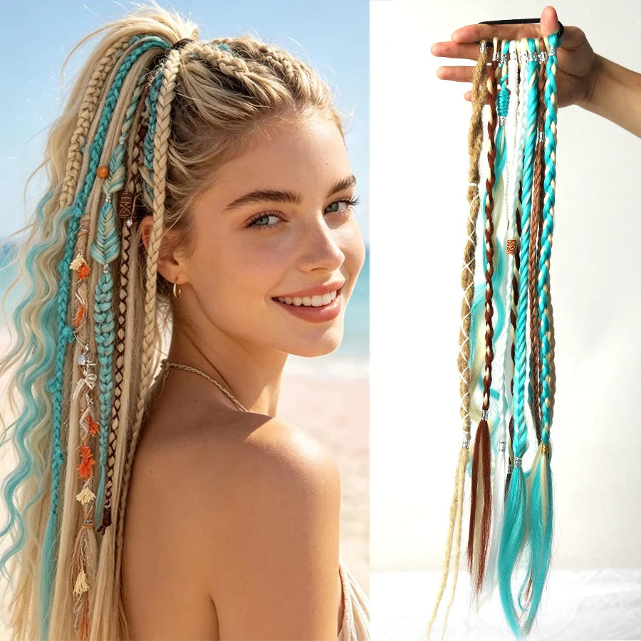 24 Inch Boho Braided Ponytail Beaded Braids With Elastic Hair Tie