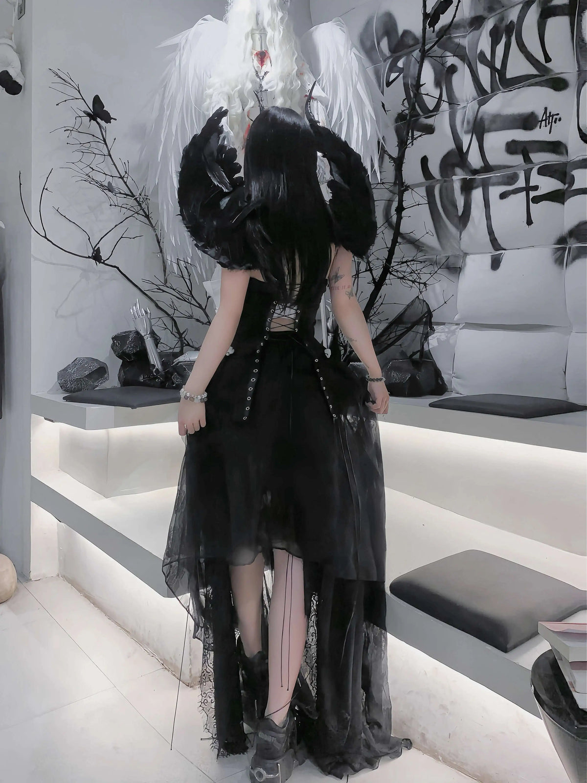 Pure Black Gothic Black Skeleton Hands Laced Corset Top