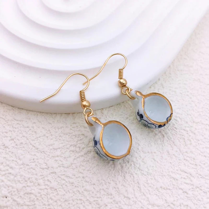 Handmade Ceramic Tea Cup Earrings Blue White Enamel Jewellery
