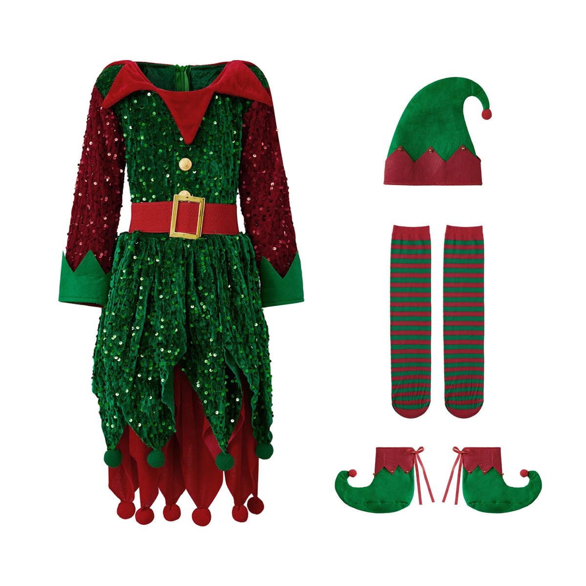 4 Pcs Kids Christmas Costumes Girls Santa's Elf Costume Sequinned Elf Dress Shoes Stockings and Hat