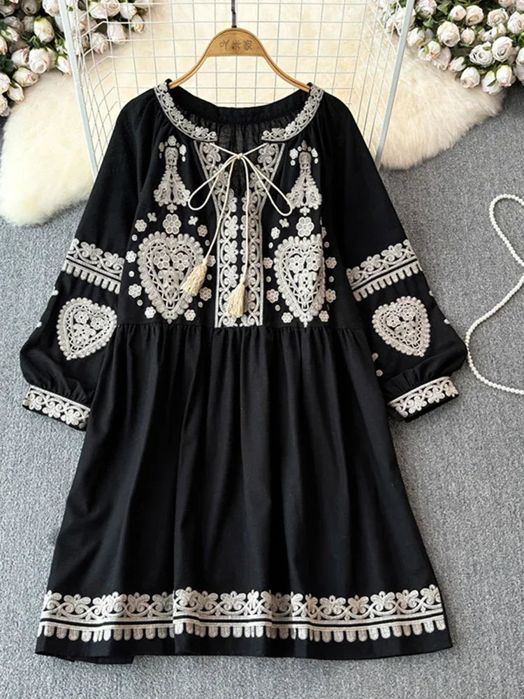 Georgia's Embroidered Boho Cotton Linen Long Sleeves Mini Dress