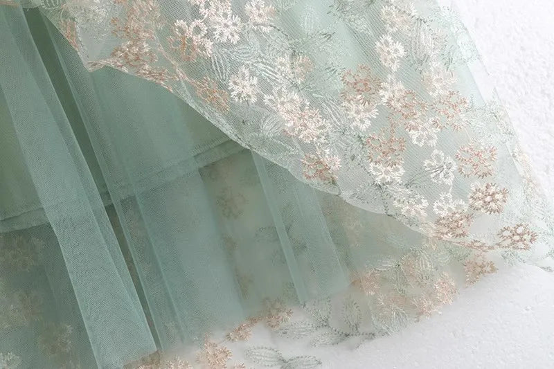 Primrose's Floral Tulle Skirt Embroidered Lace High Waist Midi Skirt