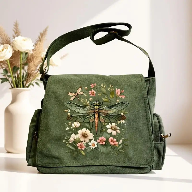Dragonfly Print Canvas Shoulder Bag Crossbody Messenger Bag