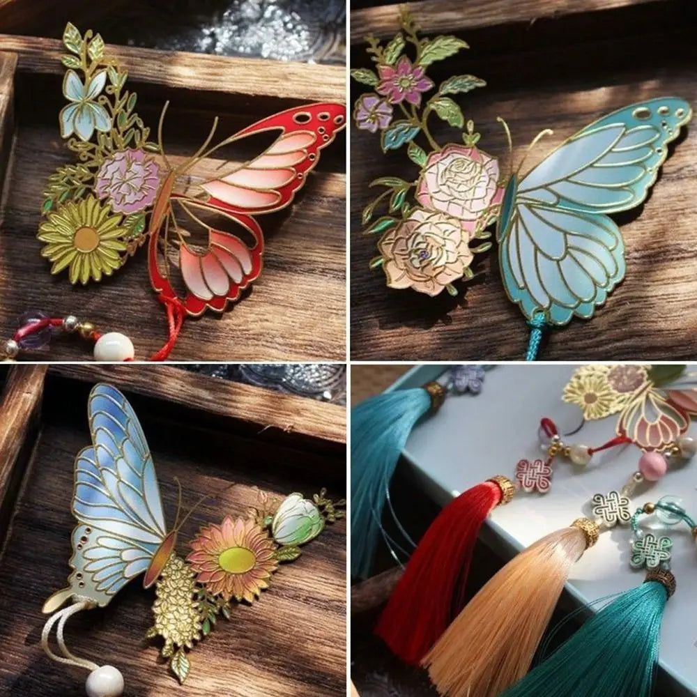 Butterfly Flowers Metal Tassel Bookmarks