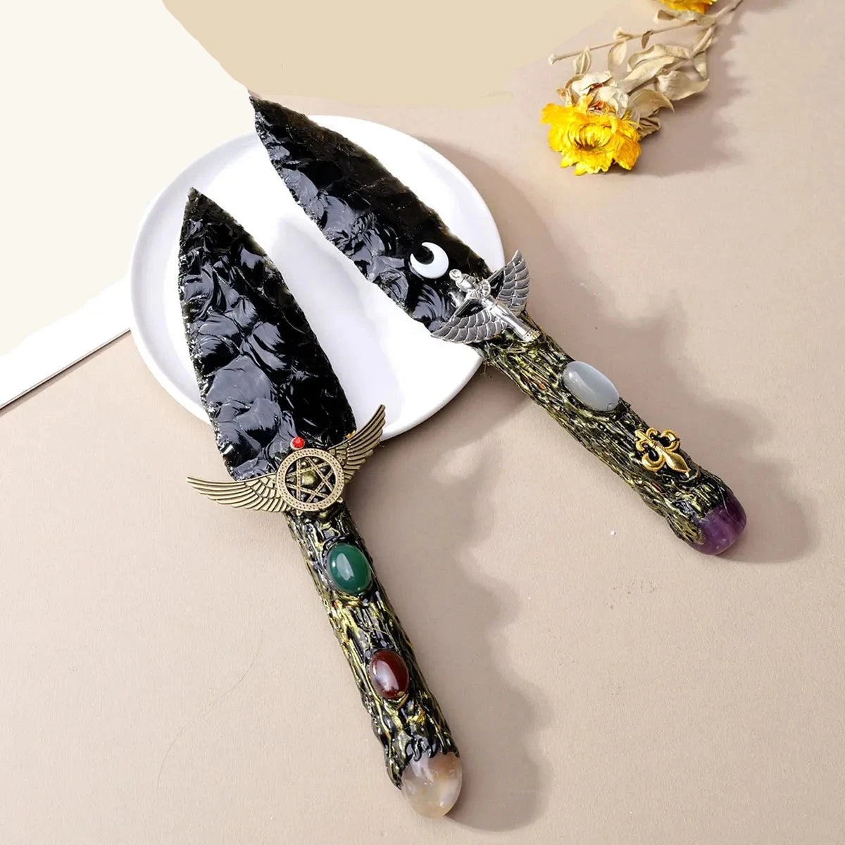 Helka's Natural Crystal Obsidian Dagger Stone Altar Knife