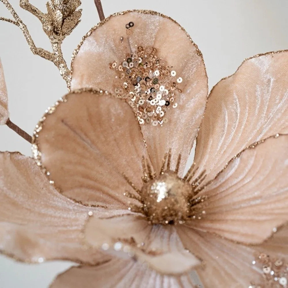 Glitter Christmas Magnolia Artificial Flower Red Gold Handmade Flocking Xmas Decorations