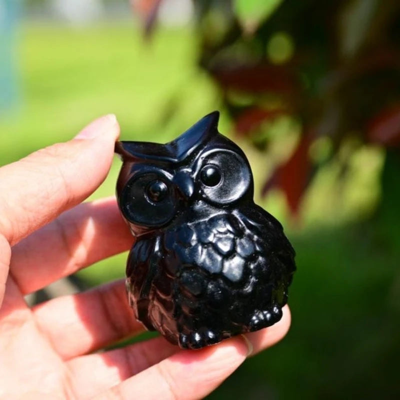 Natural Obsidian Owl Figurine Hand-Carved Stone Statue Decor Ornament Gift Idea