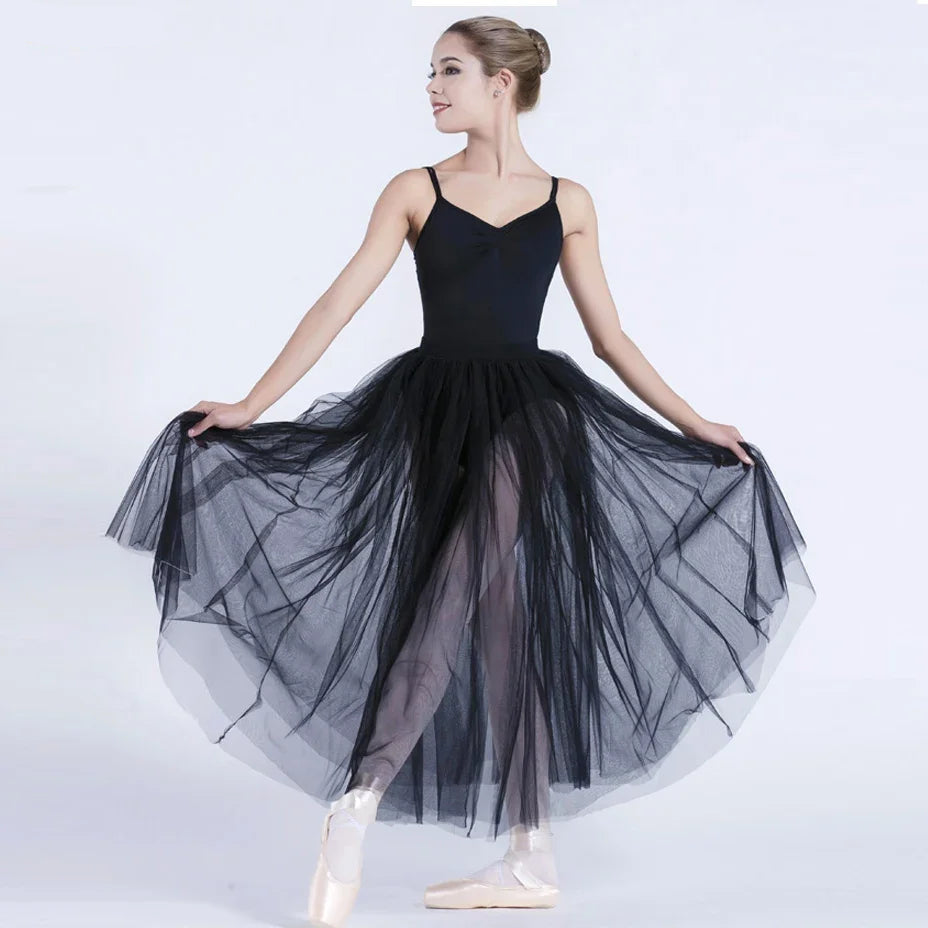 Black/White Ballet Long Mesh Ballet Skirt Two-layer Big Swing Ballerina Teacher Practice Dance Wear