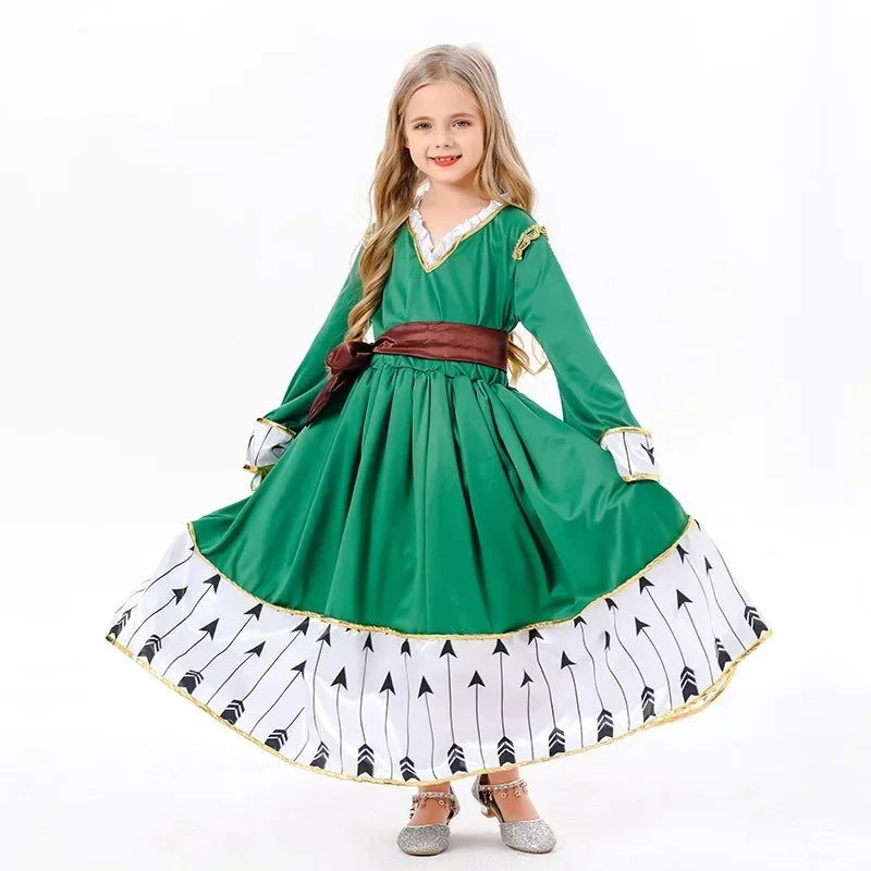 Medieval Carnival Green Long Sleeved Archery Princess Cosplay Dress