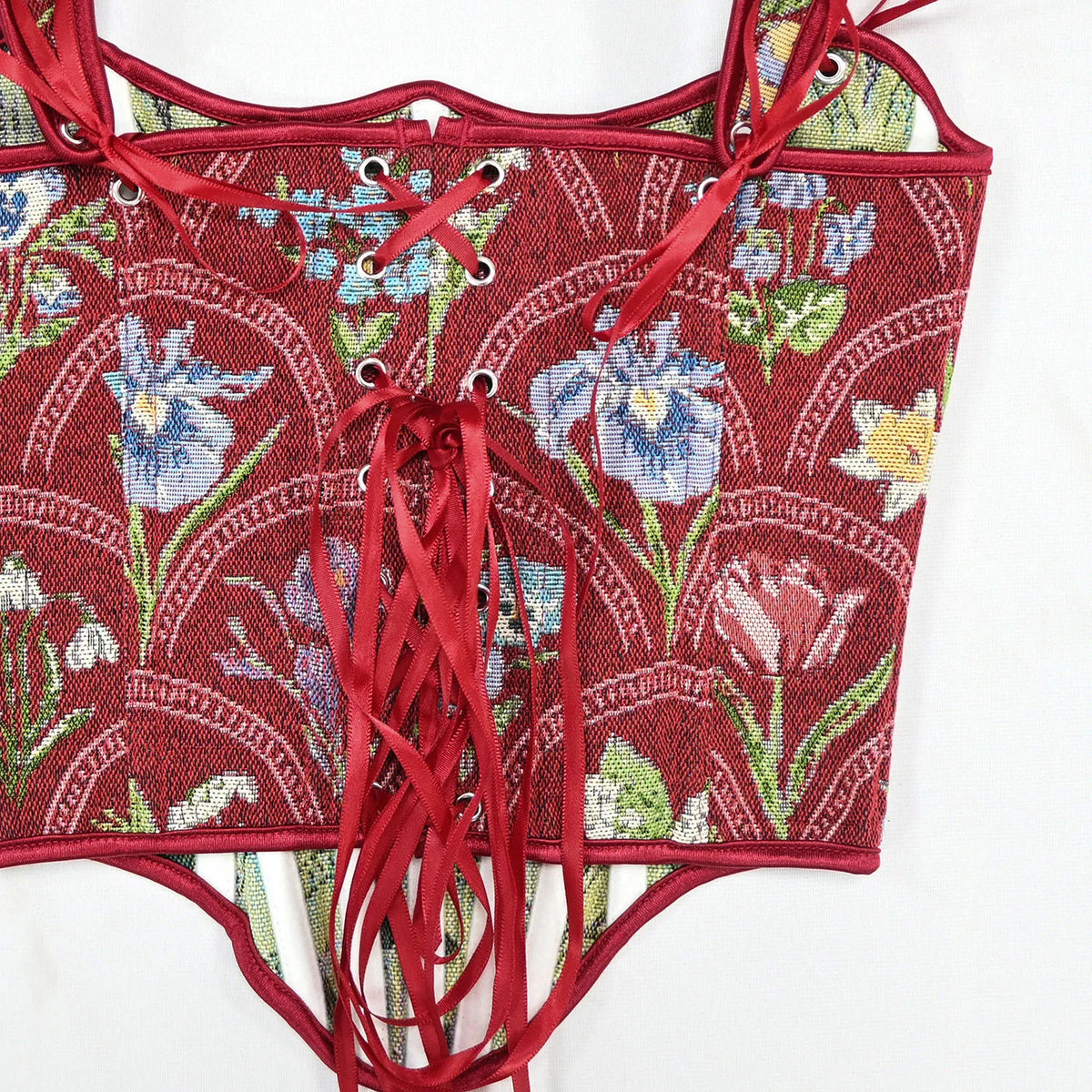 Tapestry Red Corset Overbust Lace Up Bone Bodice