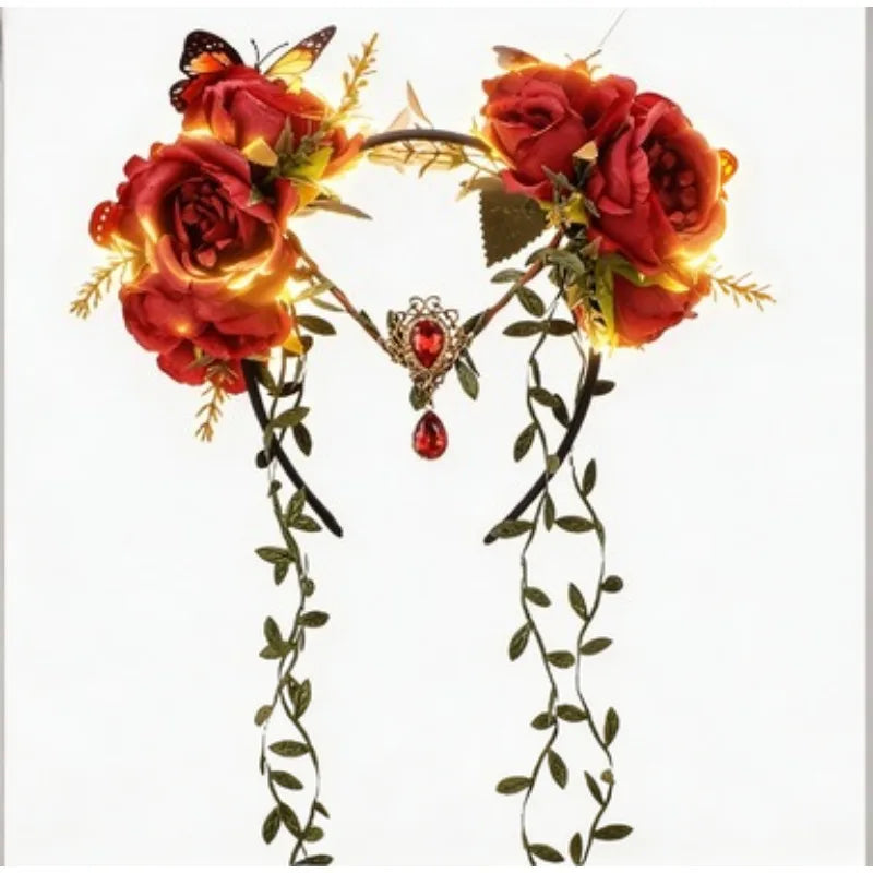 Glowing Flower Headband Butterfly Rose Crowns with Gem Drop Fairy Fascinators Headpieces