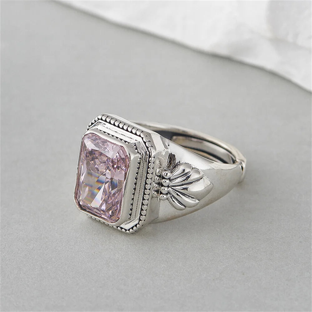 Maga's Portal Key S925 Sterling Silver Diamond Ring Square Natural Amethyst