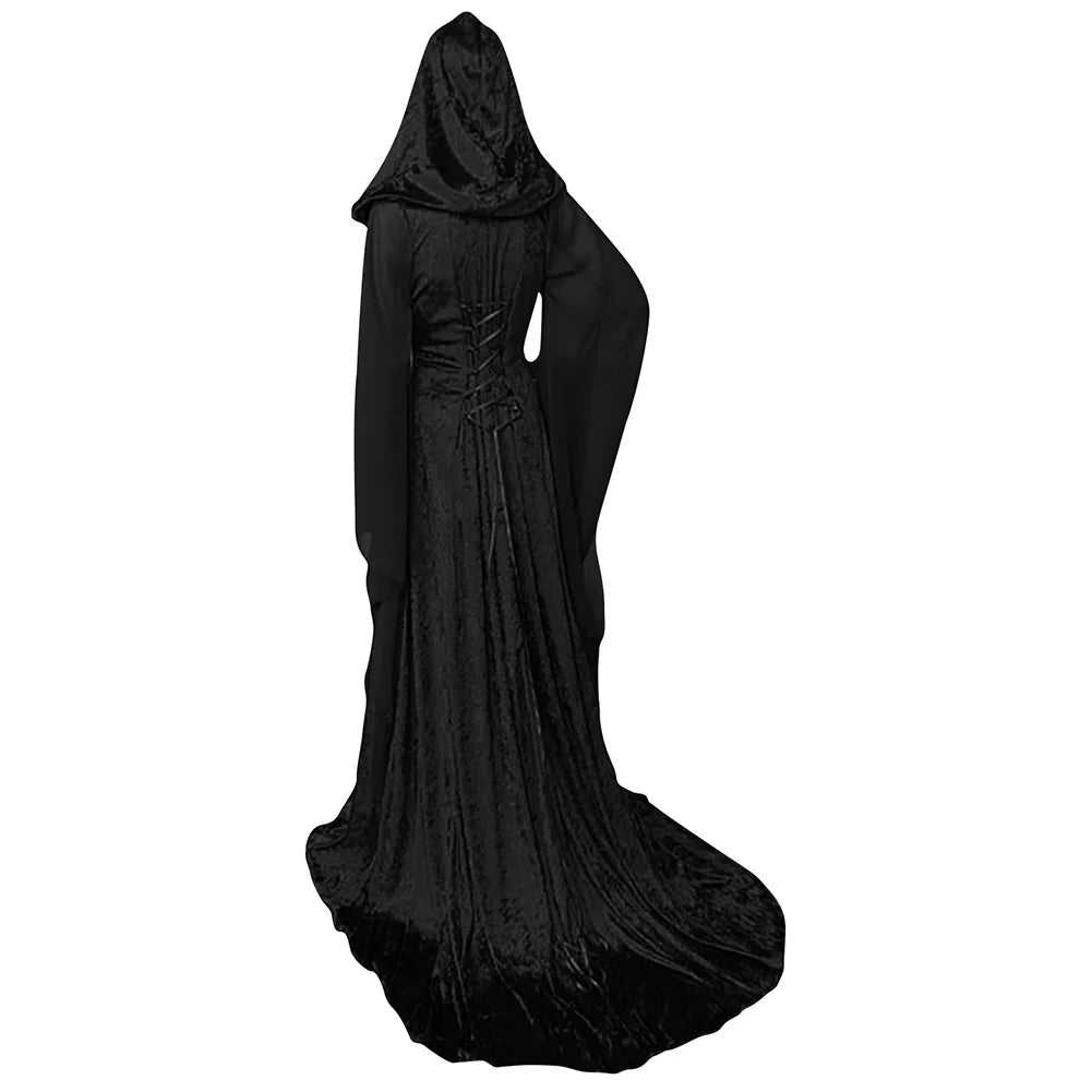 Mysterious Medieval Lady Cosplay Green Black Hooded Gown Renaissance Costume