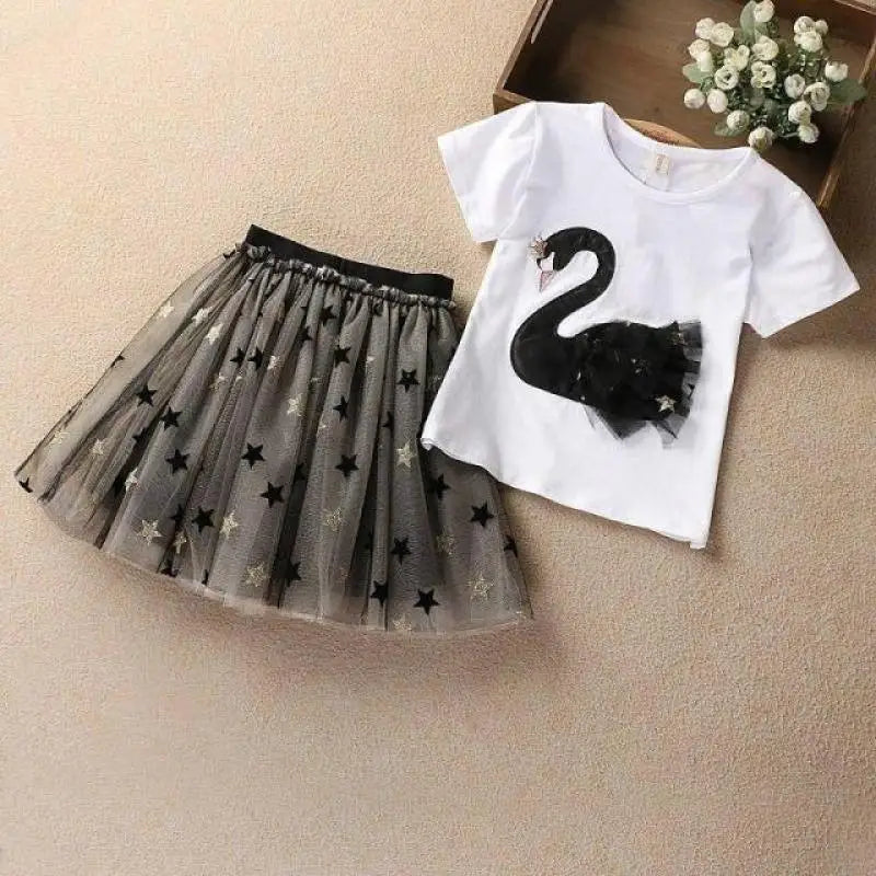 Swan T-Shirt+Sequin Skirts 2Pcs Baby Girls Clothing Sets Cotton Outfits