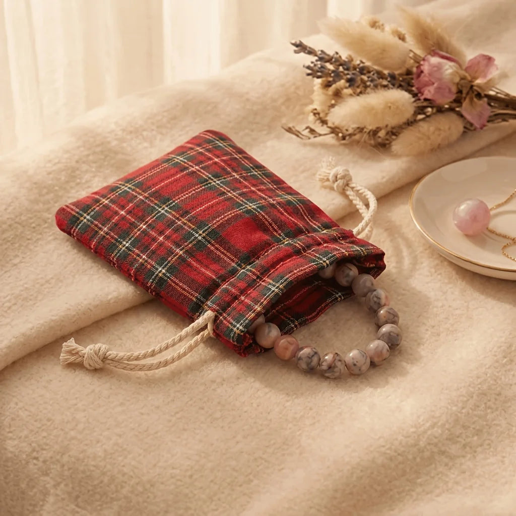 10PCS Linen Christmas Plaid Drawstring Bags Gift Pouches