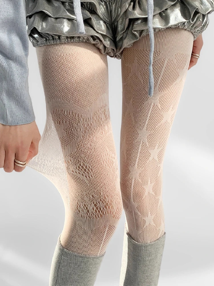 AB Design Coffee Tights Punk Fishnet Stockings Gothic Lolita Lace Five-pointed Star Print Mesh Pantyhose