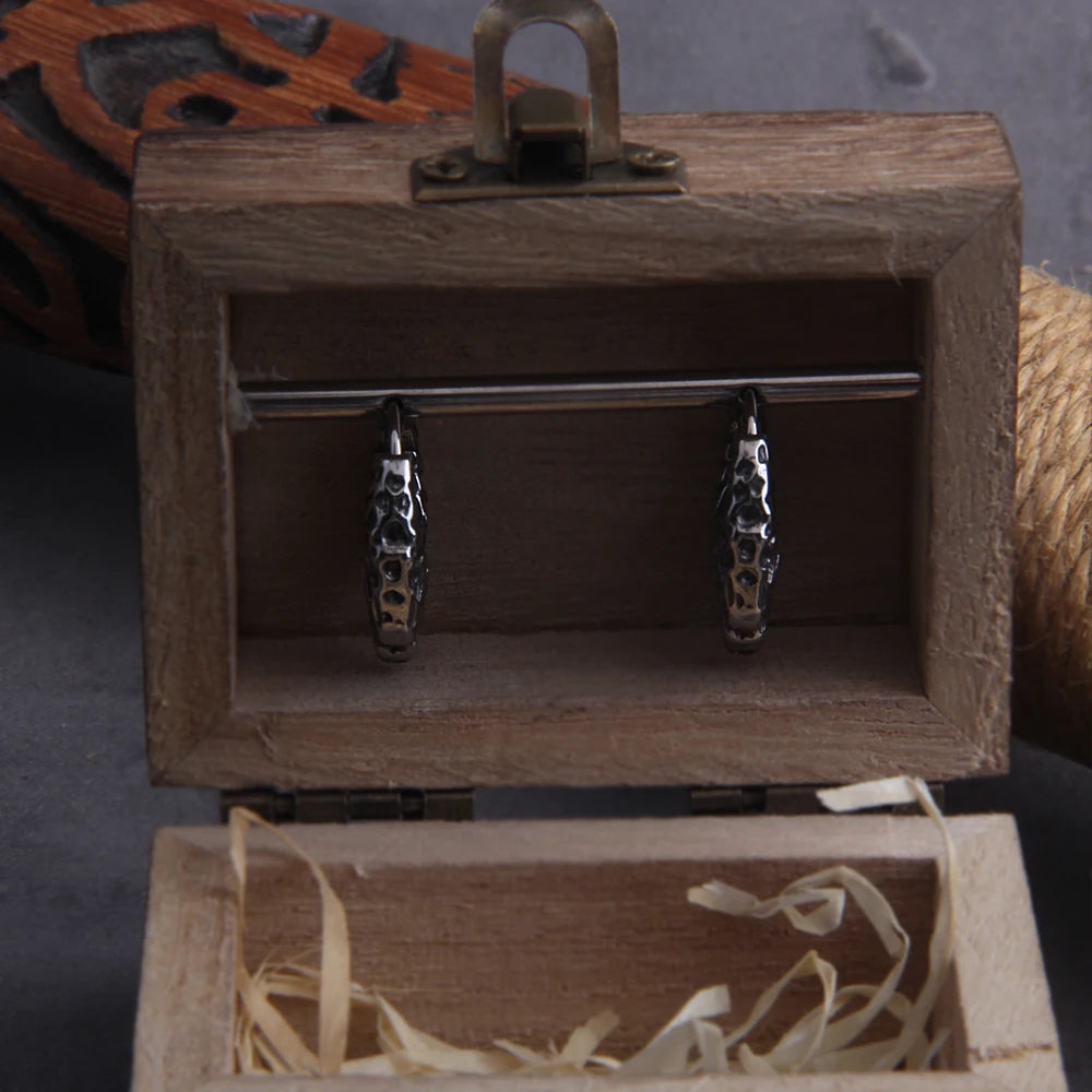 Viking V Stainless Steel Huggie Hoop Earrings for Men with Wooden Box