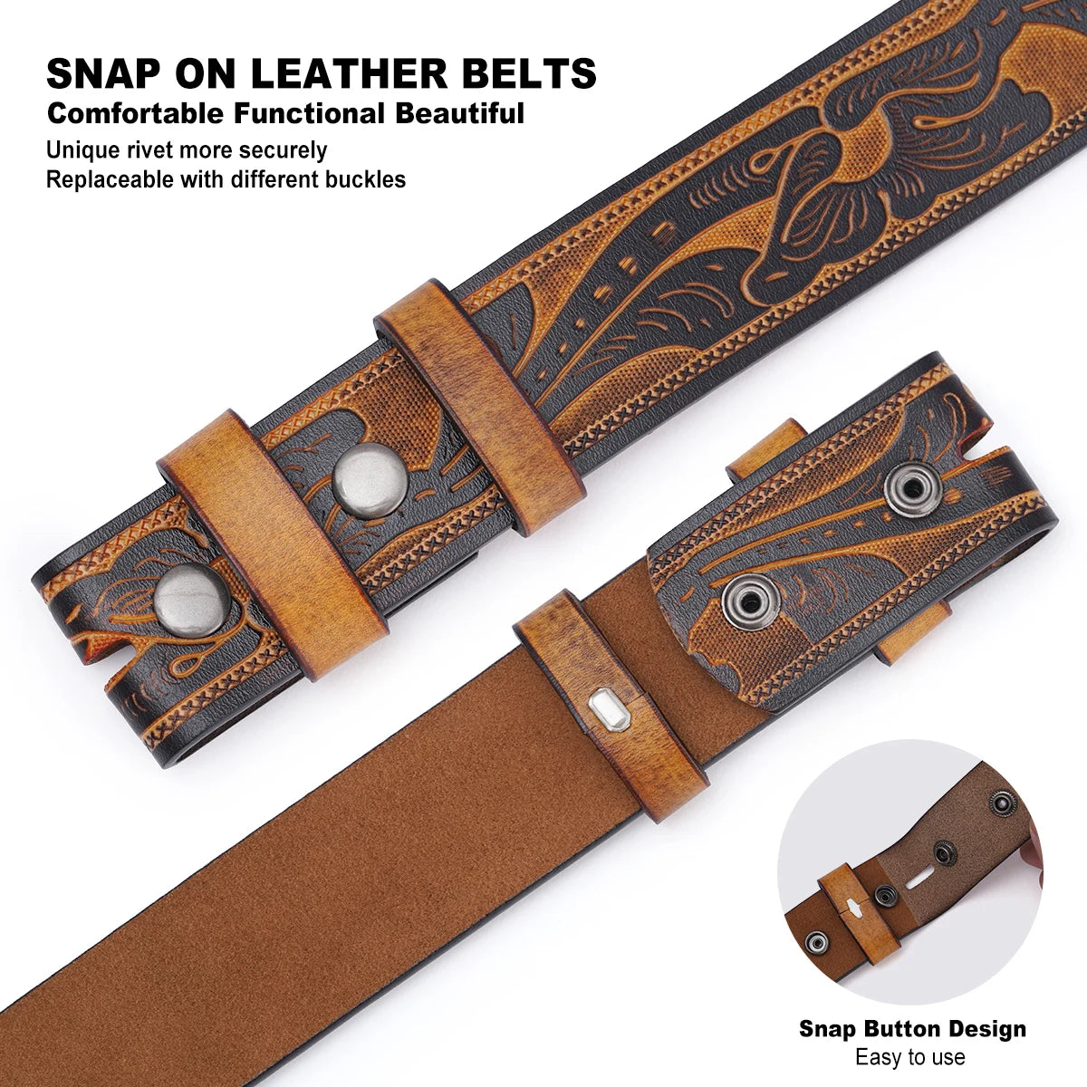 Genuine Leather Vintage Belt No Buckle Embossed Cowhide Strap Western Cowboy Belts