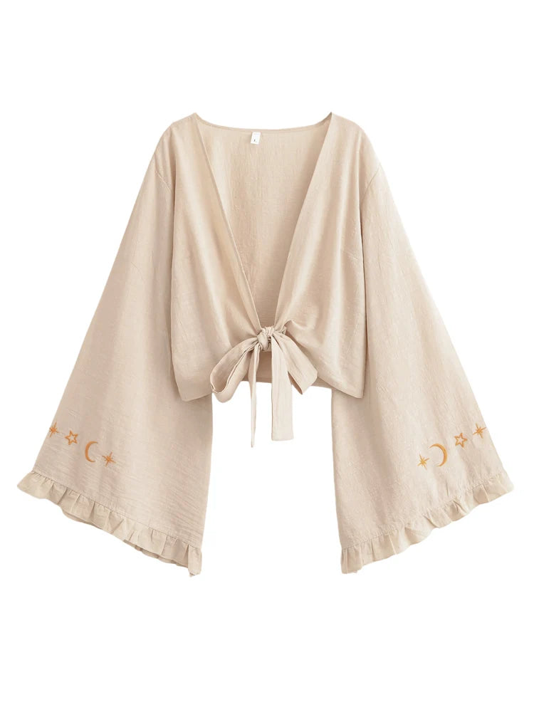 Boho Star Moon Embroidered Short Kimono Wrap Top Ruffled Flare Sleeves Cover-ups