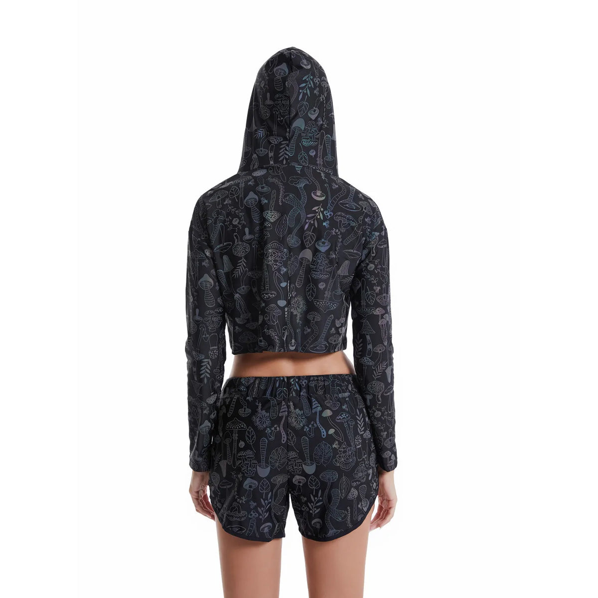 Reflective Mushroom Print Shorts Cropped Hoodie