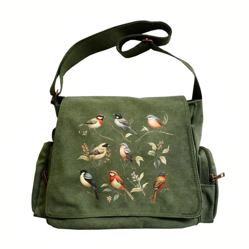 Bird Watcher Print Canvas Shoulder Bag Crossbody Messenger Bag