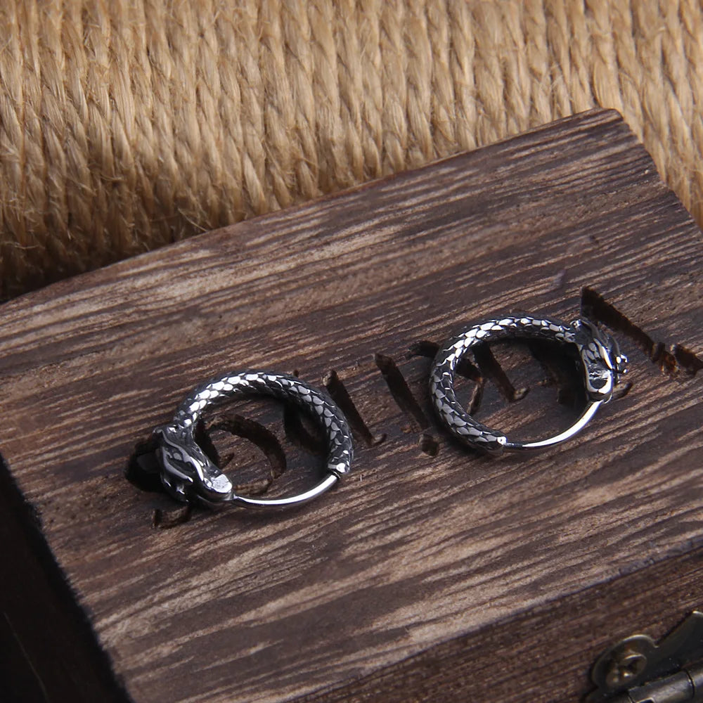 Viking Dragon Head Huggie Stainless Steel Men Hoop Earrings with Wooden Box