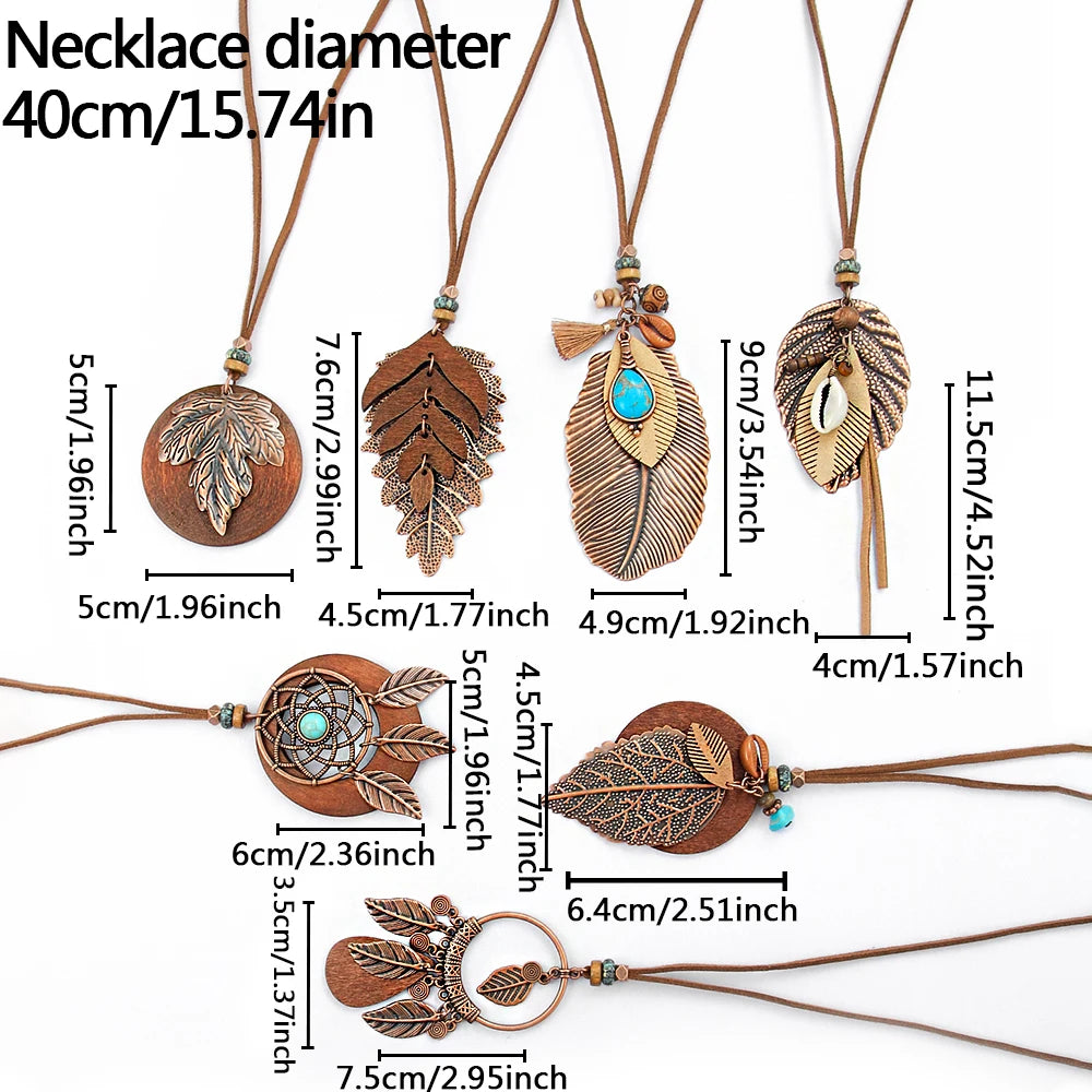 Forest Dweller Boho Leaf PU Leather Pendant Necklace Jewellery Sweater Chain