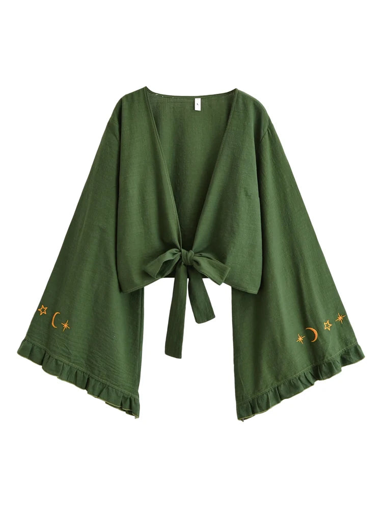 Boho Star Moon Embroidered Short Kimono Wrap Top Ruffled Flare Sleeves Cover-ups