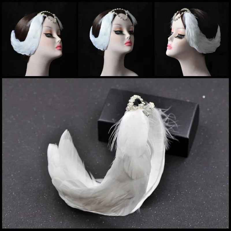 Ballet Swan Lake Headwear White Black Feather Headband With Crystal Rhinestones Ballerina Headdress