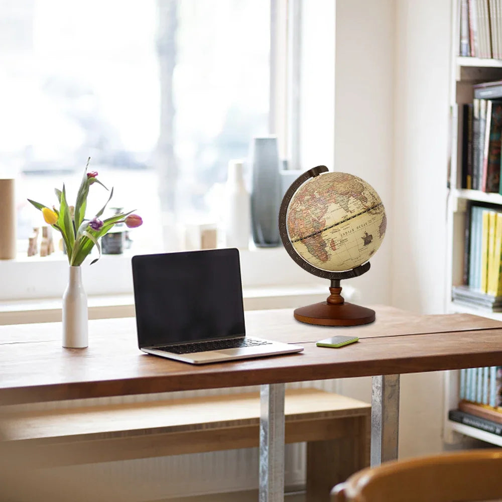 World Globe Earth Map Retro Wooden Base Desk Decor