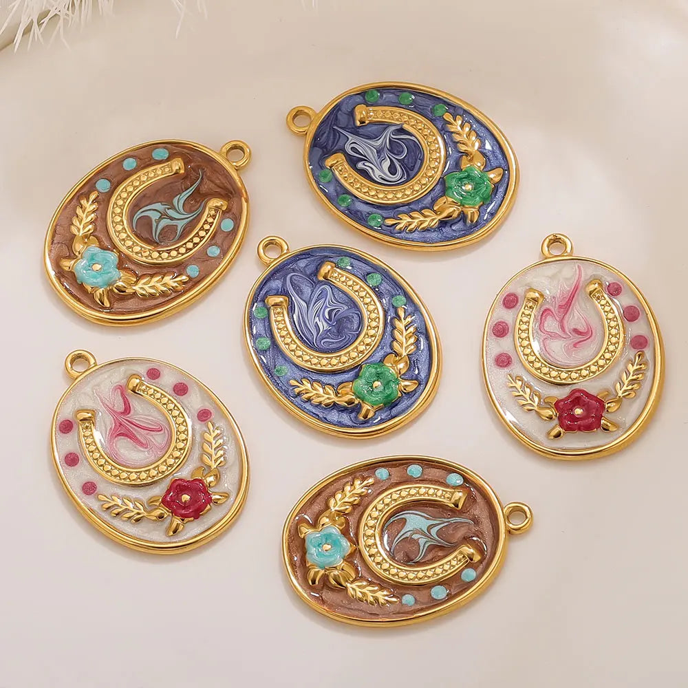 Two Horseshoe Fortune Enamel Charms Stainless Steel Gold Plated Pendant DIY Jewellery Earring Making Materials