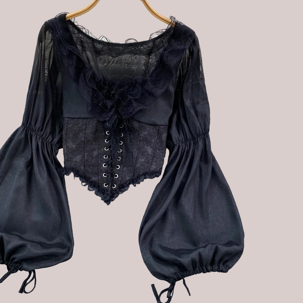 French Court Blouse Chiffon Lace Lace-up Top