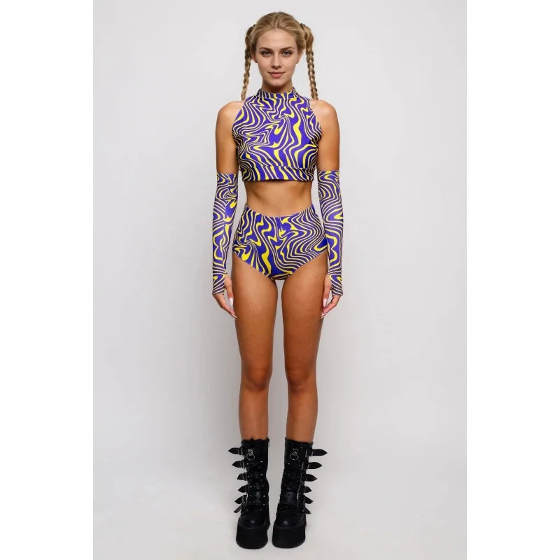 Roller Derby Performance Outfit Women High Neck Crop Set Rave Party Clubwear Printed Bodycon Set