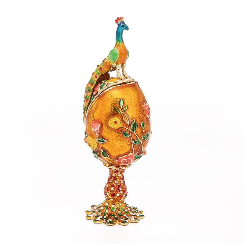 Hand Painted Peacock Easter Egg Enamel Trinket Box