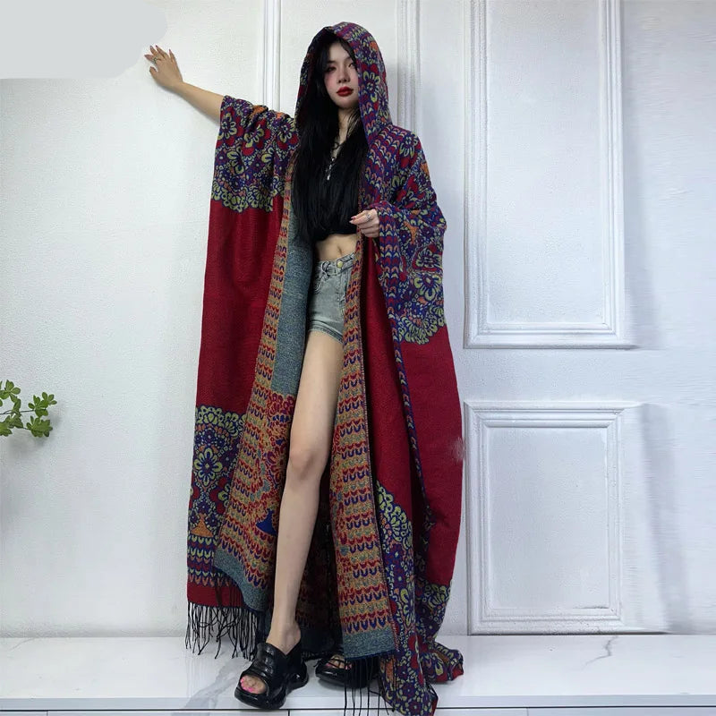 Boho Long Hooded Winter Cloak Cardigan Coat