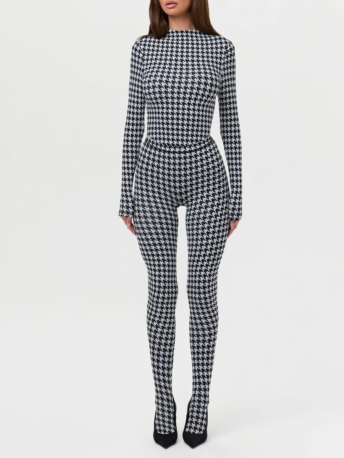 Women's Houndstooth Print High Neck Long Sleeved Top High Waist Slim Fit Jumpsuit Mid Century