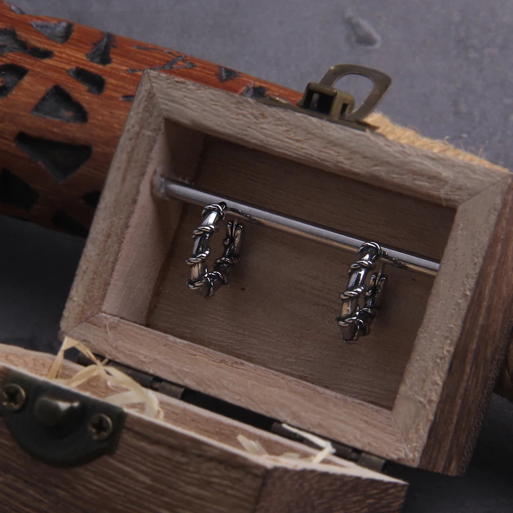 Twisted Rope Stainless Steel Huggie Hoop Earrings for Men with Wooden Box