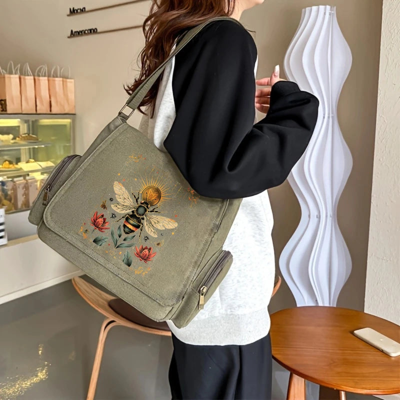 Golden Bee Print Canvas Shoulder Bag Crossbody Messenger Bag