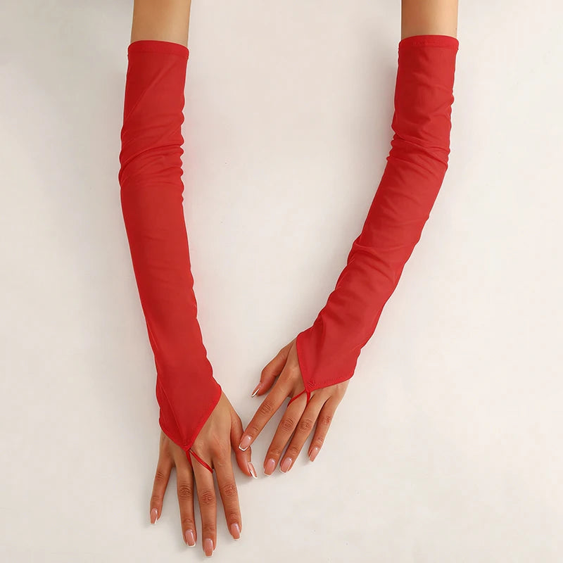 16 Colours Sheer Mesh 48cm Long Hook Finger Gloves Stretchy Sun Protection Cosplay Dance Wear
