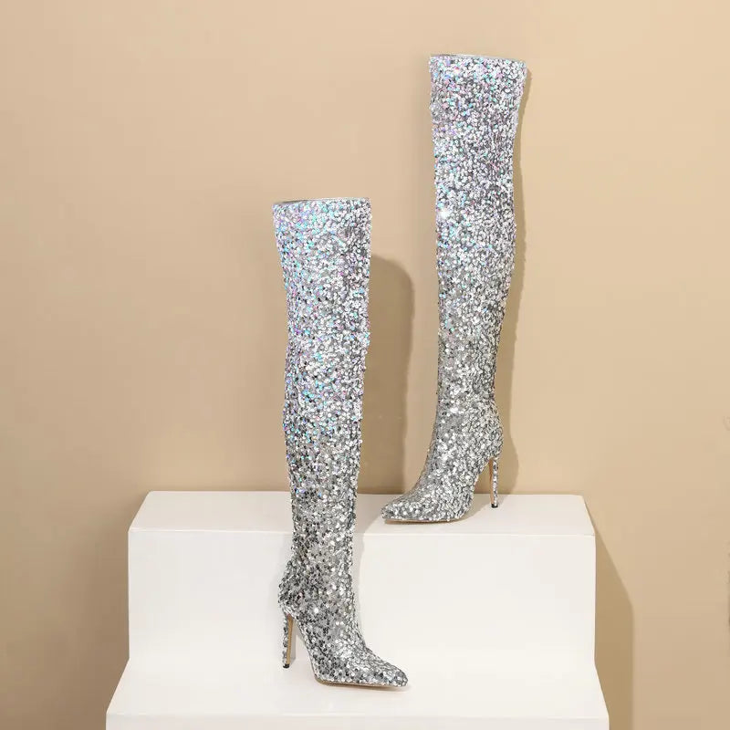 Galaxy Thigh High Boots Gradient Sequin Stretch Boots 11CM Heels