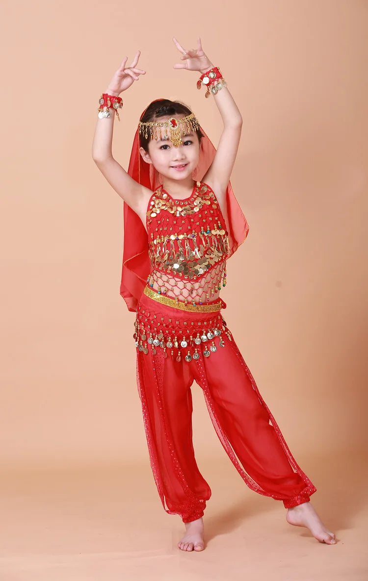 Girl's Stage Performance Chiffon Belly Dance Costume 7pcs Sets Kids Dancing Outfits