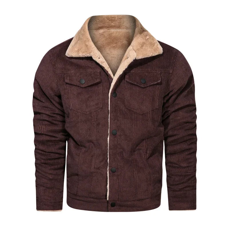 Woodsman Winter Corduroy Jackets Thick Warm Faux Fur Collar Bomber Coat