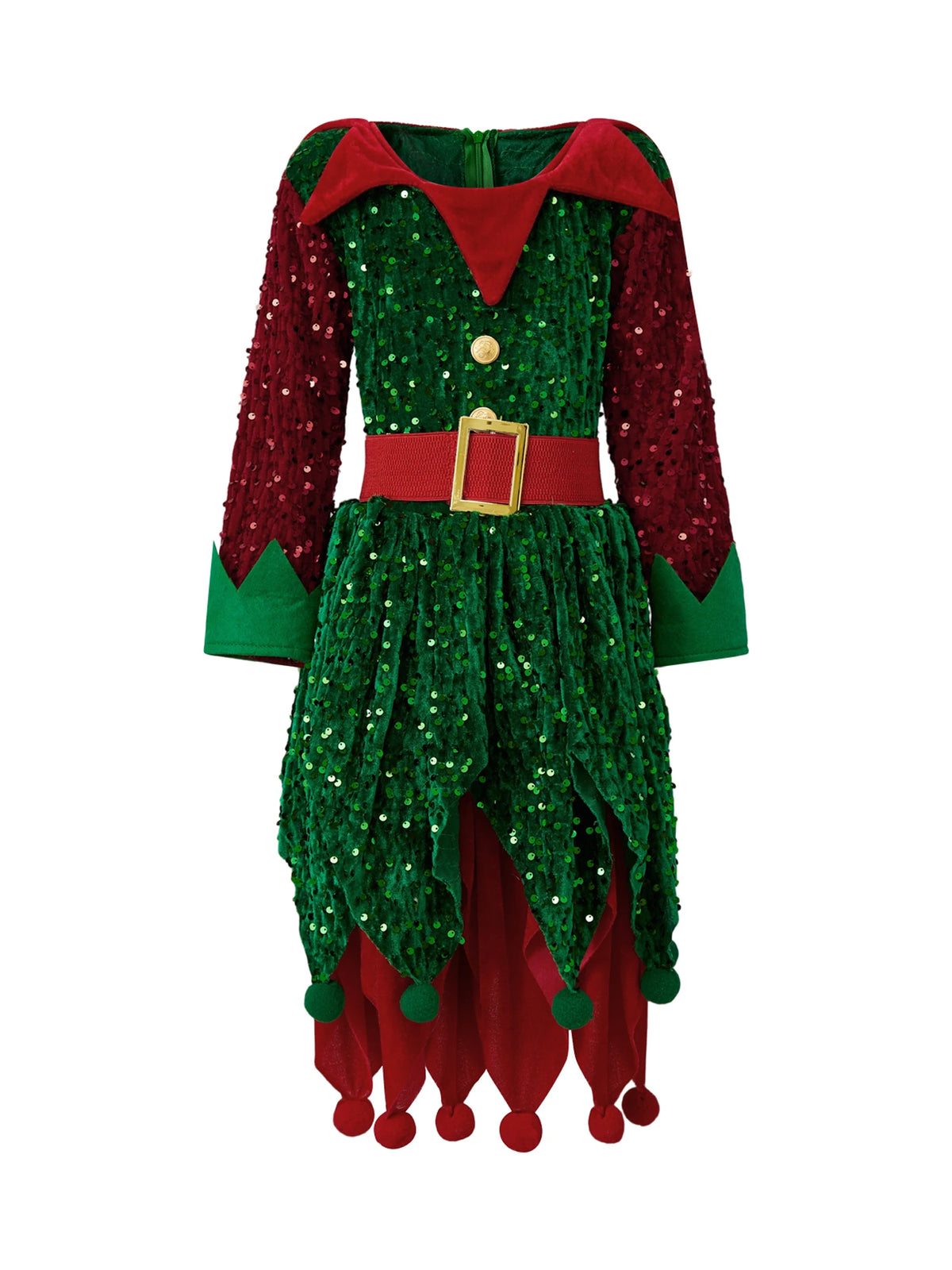 4 Pcs Kids Christmas Costumes Girls Santa's Elf Costume Sequinned Elf Dress Shoes Stockings and Hat