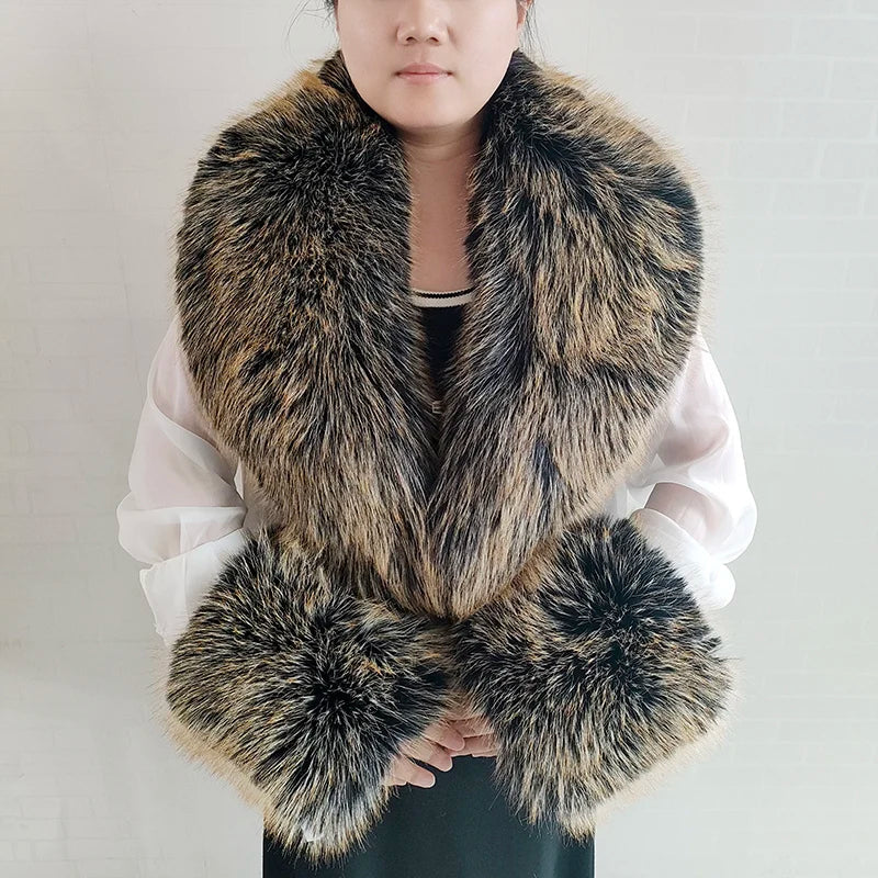 Large Faux Fox Fur Scarf Winter Warm Fluffy Collar And Cuff Sets 19 Colours